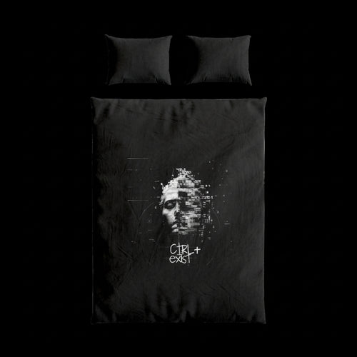 Black duvet cover with a white graphic design and text on a white background