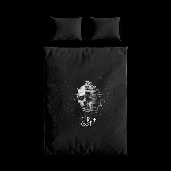 Black duvet cover with a white graphic design and text on a white background