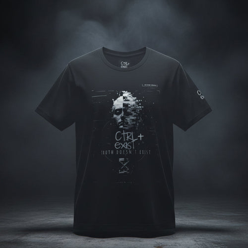 ctrlexist truth doesnot exist Black t-shirt with graphic design and text on a black background