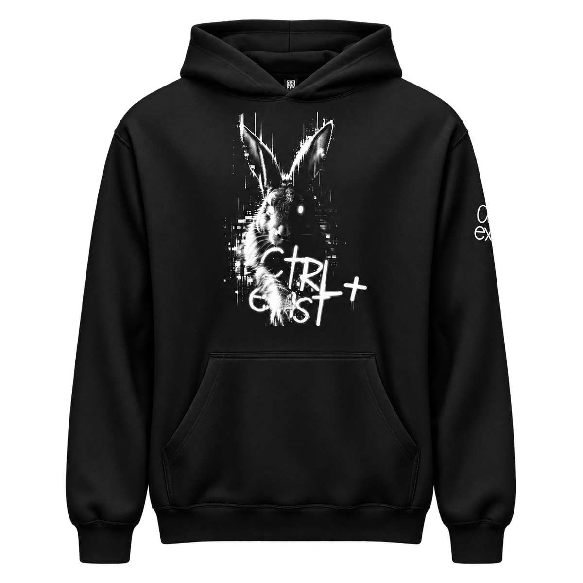 A black pullover hoodie with a white distressed graphic of a rabbit and the text 'CTRL+/-' on the front, shown against a transparent background.