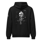 A black pullover hoodie shown from the back, featuring a large white graphic print of a face surrounded by digital interface text and lines, with a smaller white graphic on the left sleeve.