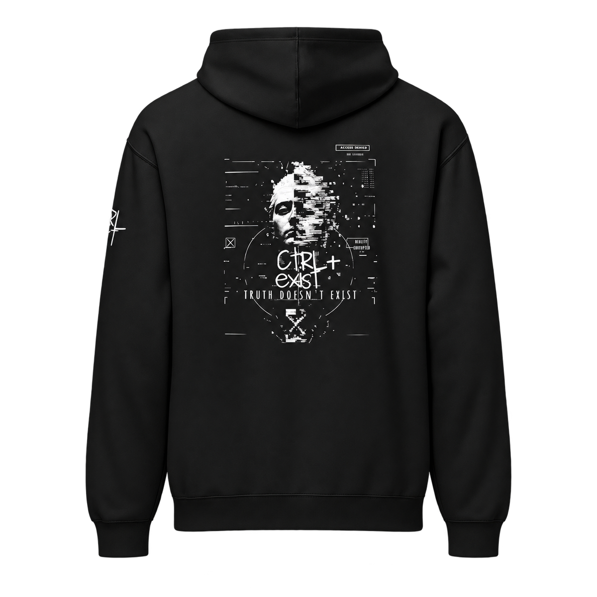 A black pullover hoodie shown from the back, featuring a large white graphic print of a face surrounded by digital interface text and lines, with a smaller white graphic on the left sleeve.