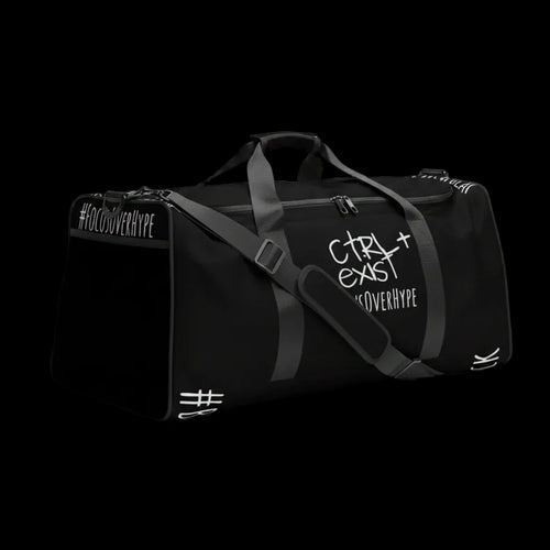 Black duffel bag with branding on a light gray background