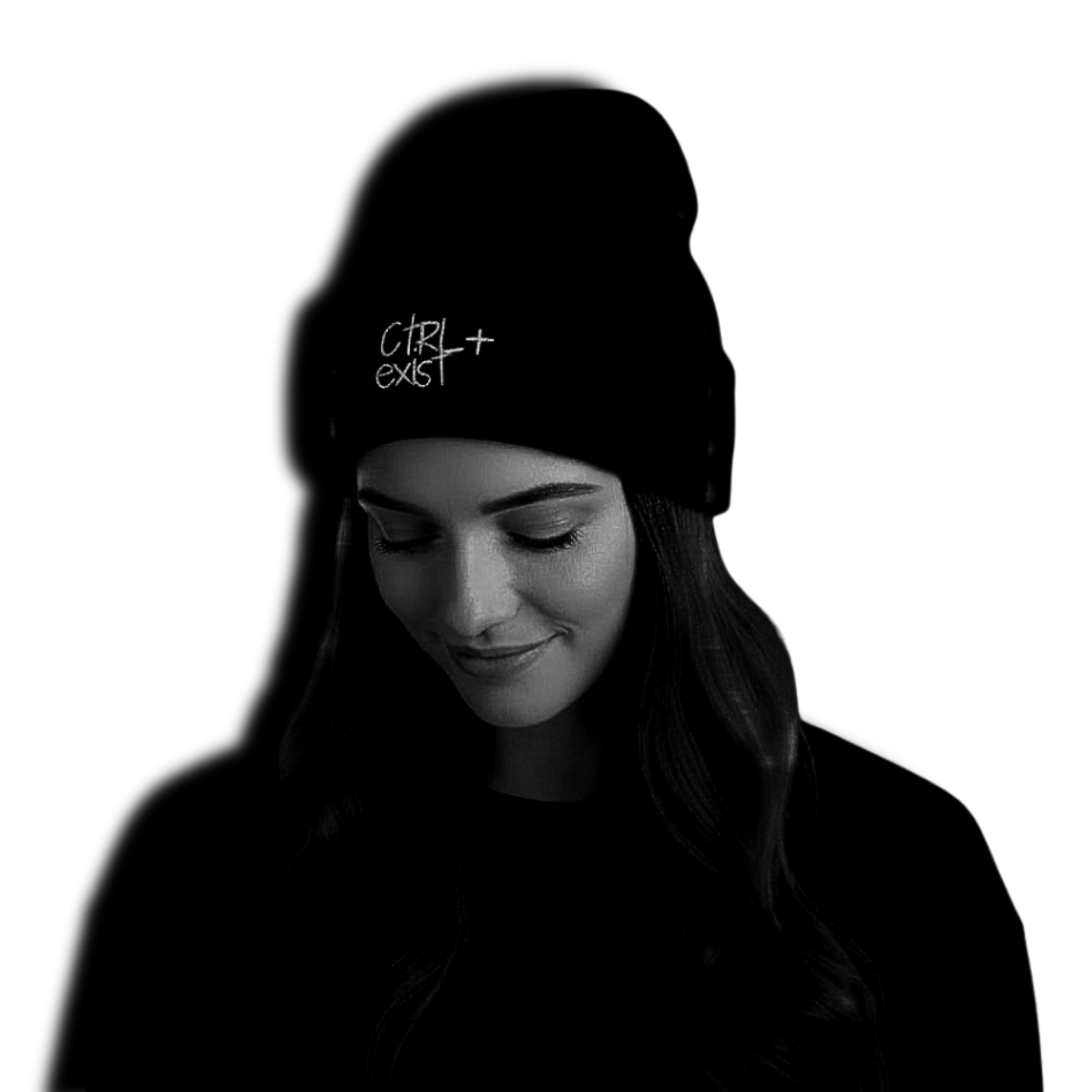 woman wearing a black beanie with CTRL+exist logo engraved