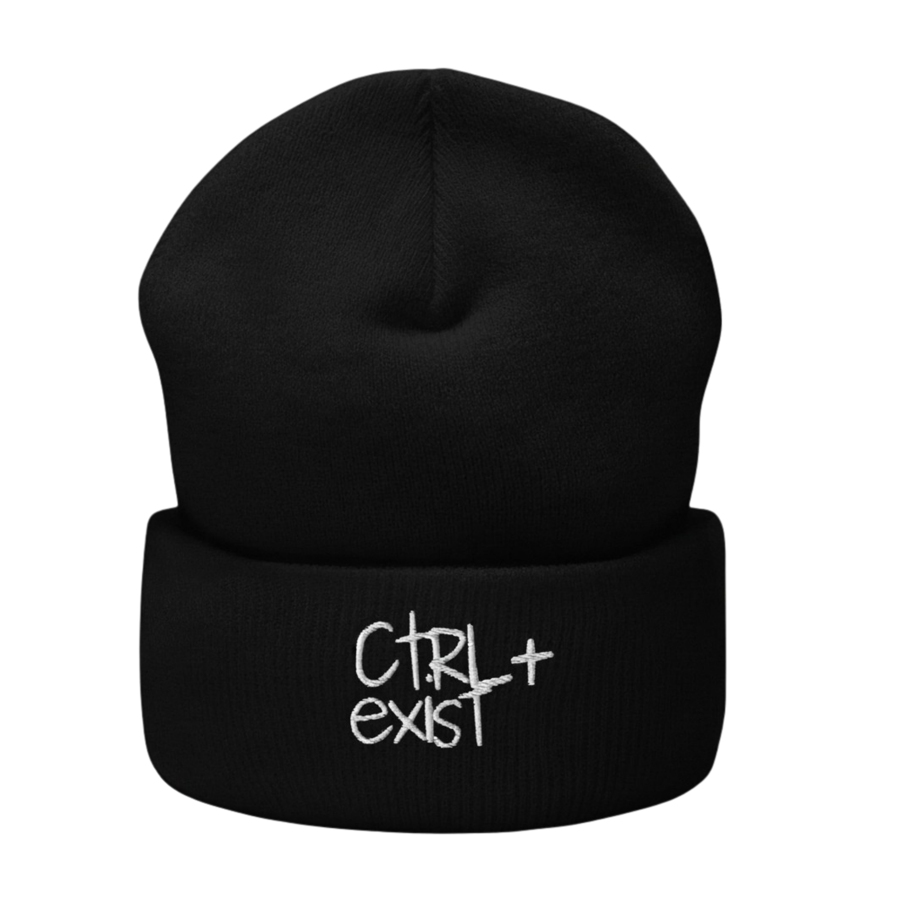 Black beanie with white 'CTRL+EXIST'  engraved logo  