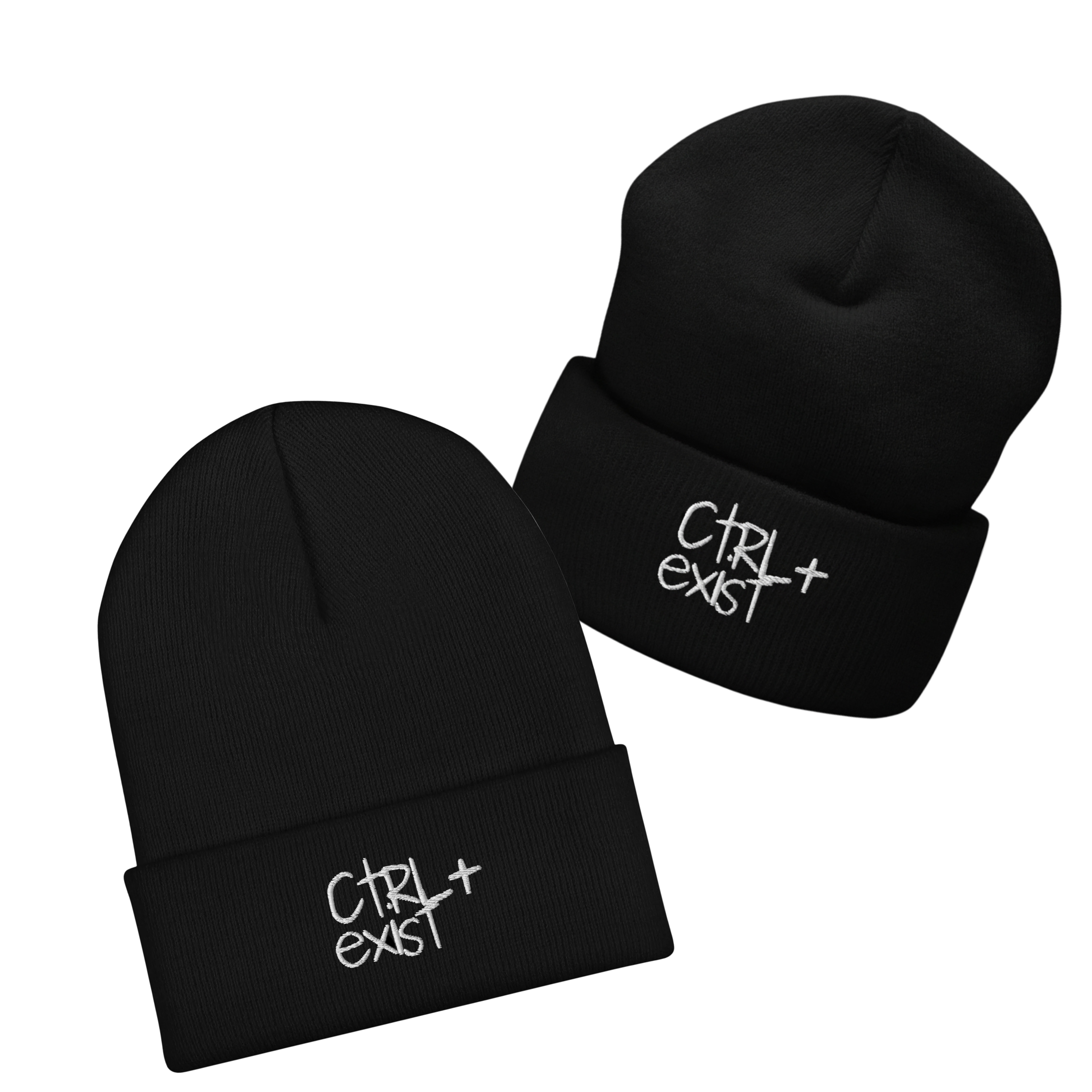 Two black beanies with 'Ctrl + Exist' white logo engraved on the front