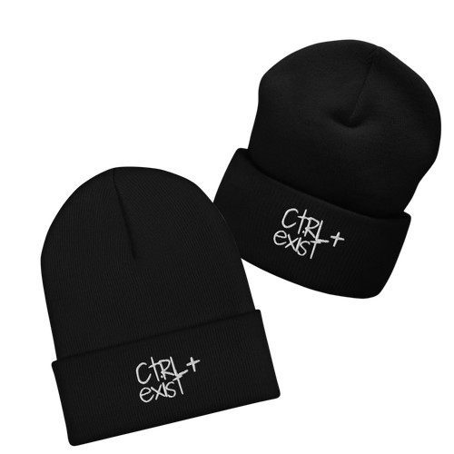 Two black beanies with 'Ctrl + Exist' white logo engraved on the front