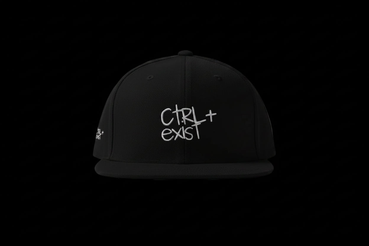 CTRLexist Snapback Hat embroidery by CTRLexist, minimalist cinematic cyberpunk streetwear design