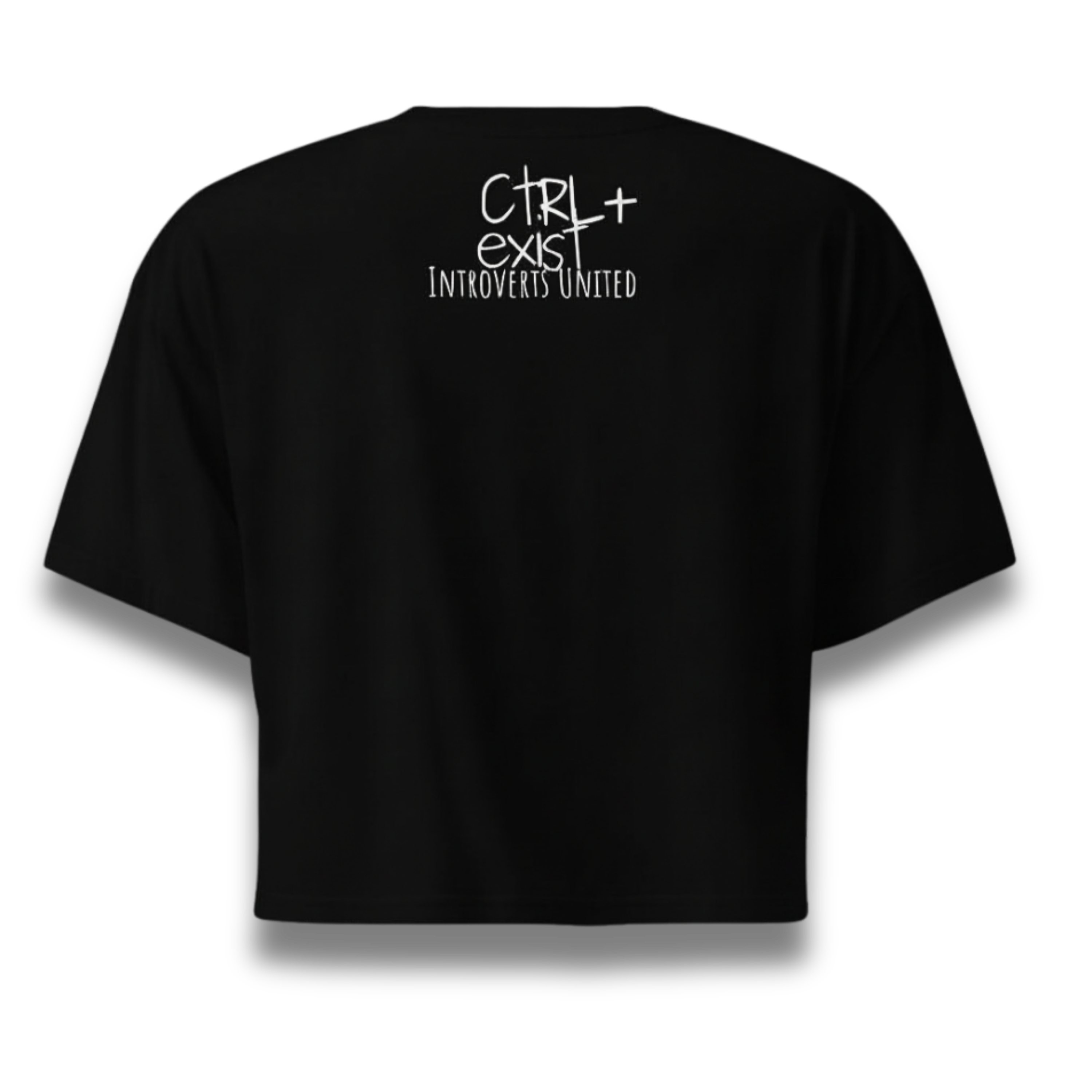 black crop op with white logo ctrlexist introverts  united on the back