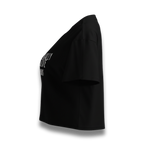 shoulder of black crop op with white logo ctrlexist introverts  united on the back and white text emotionally expensie,#norefunds on the front.