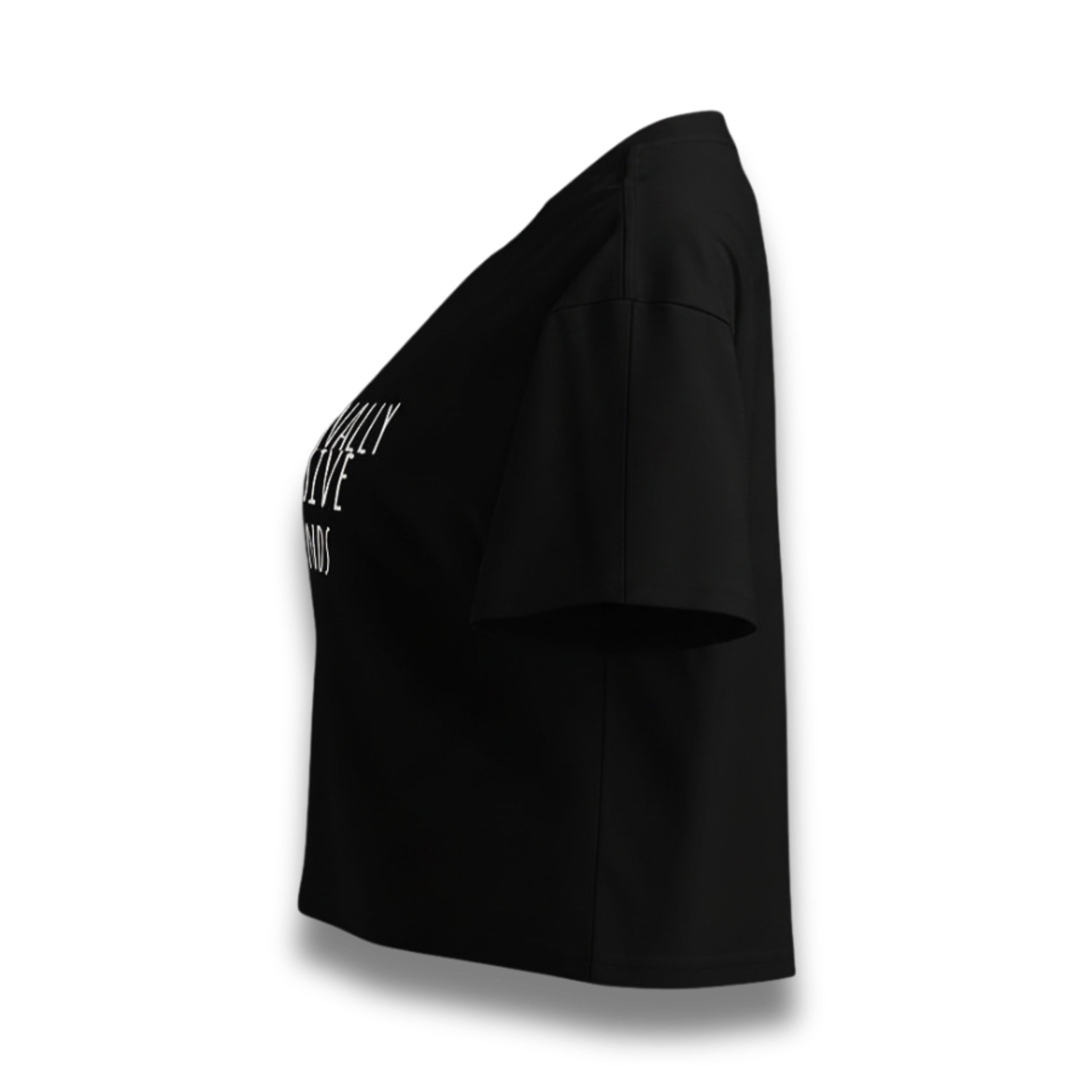 shoulder of black crop op with white logo ctrlexist introverts  united on the back and white text emotionally expensie,#norefunds on the front.