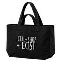 A black canvas tote bag with white printed text reading 'CTRL+SHOP + EXIST' on the front, shown against a transparent background.