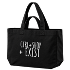A black canvas tote bag with white printed text reading 'CTRL+SHOP + EXIST' on the front, shown against a transparent background.