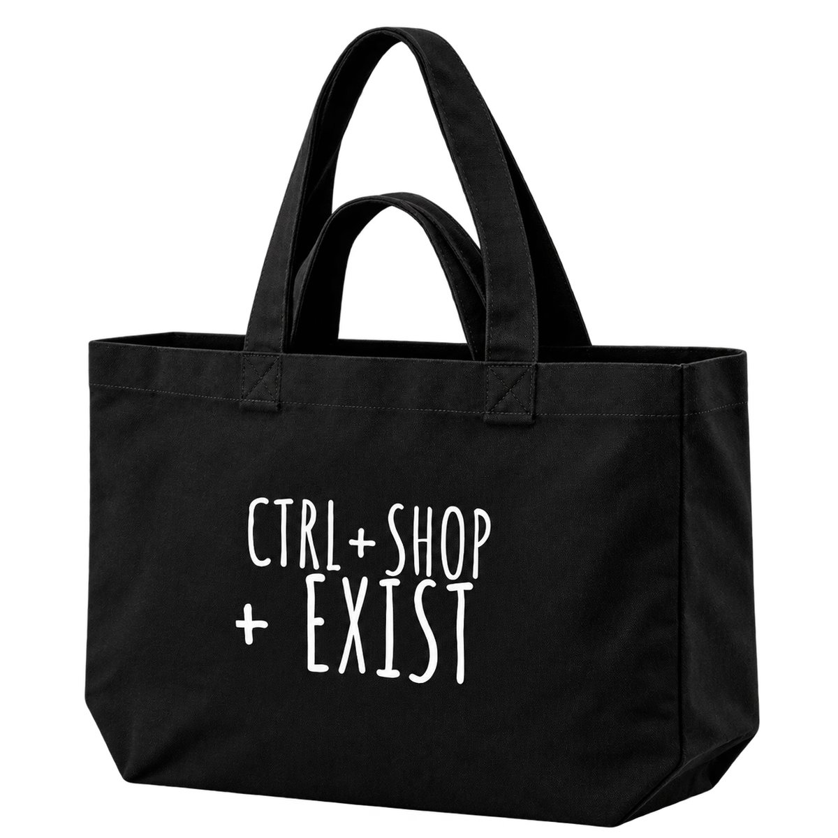 A black canvas tote bag with white printed text reading 'CTRL+SHOP + EXIST' on the front, shown against a transparent background.