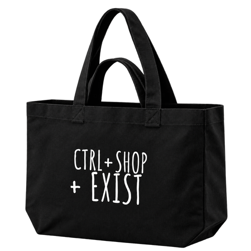 A black canvas tote bag with white printed text reading 'CTRL+SHOP + EXIST' on the front, shown against a transparent background.