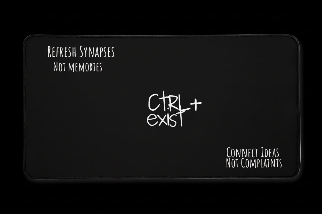 ctrlexist black desk mat with white logo in the middle and two diagonal corners white text : Refresh synapses, Not memories and opposite Connect ideas, Not complains