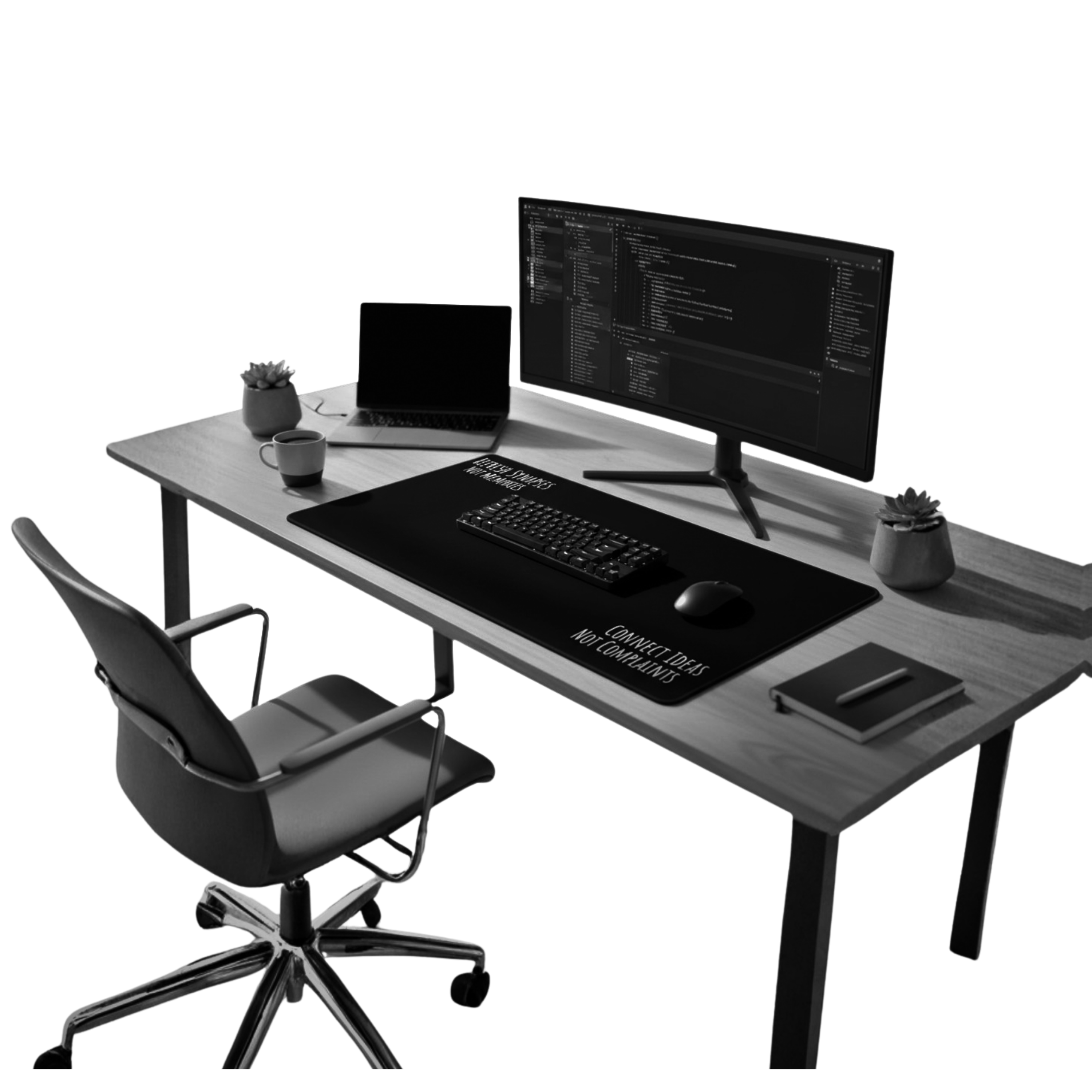 Modern office desk with computer setup on a black desk mat CTRlexist