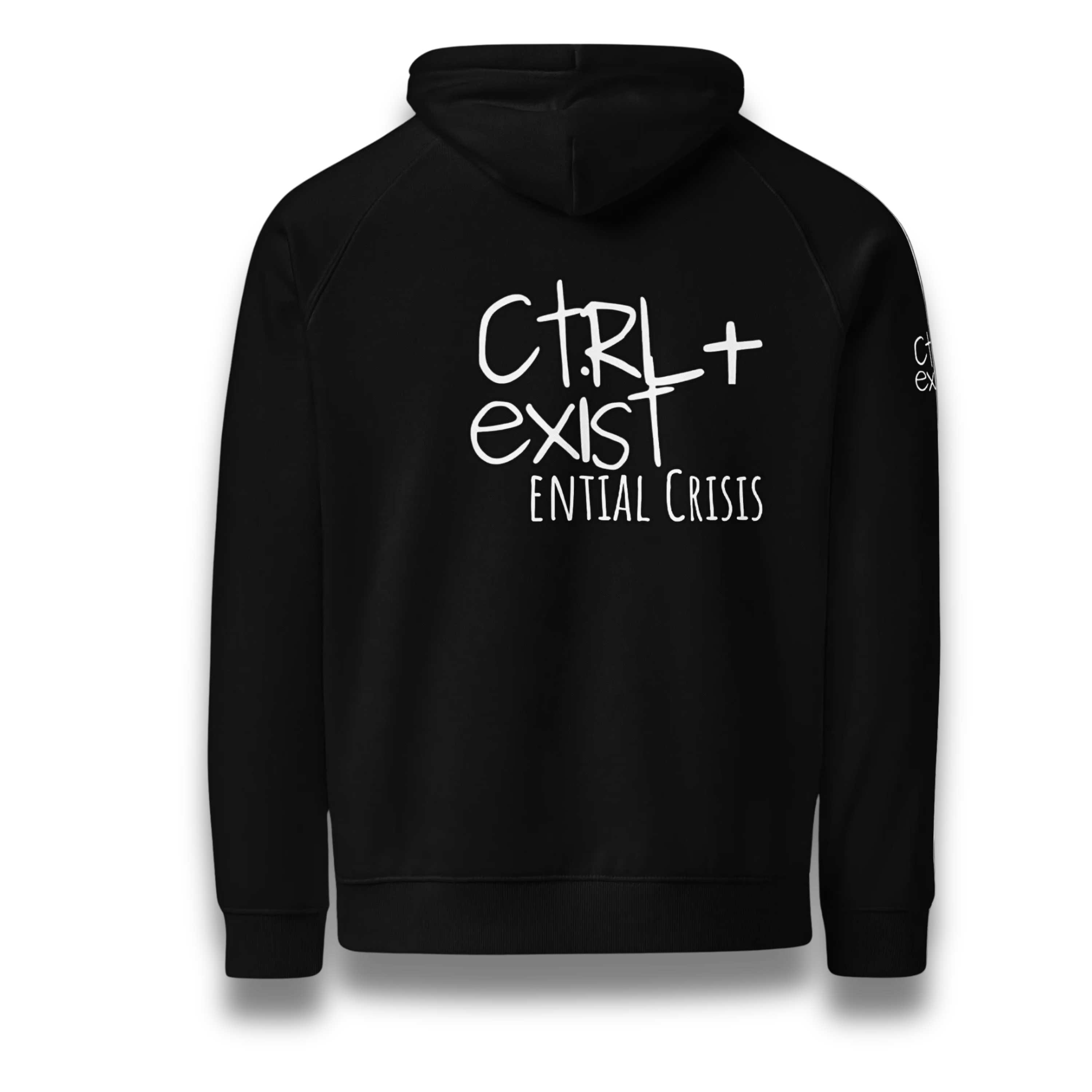 Back of black hoodie by ctrlexist- wite big logo CTRLexist-ential crisis. play on words