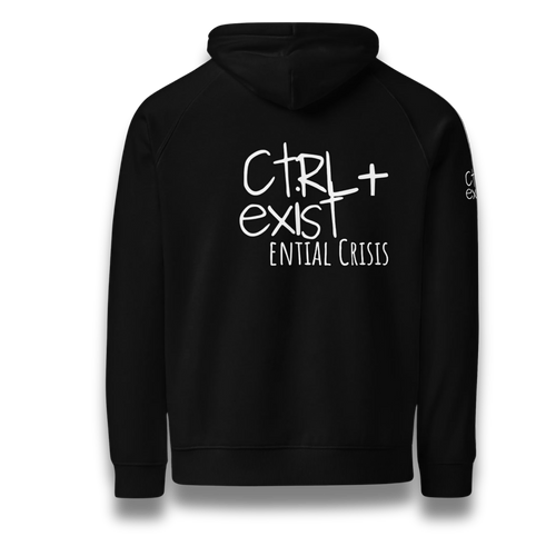 Back of black hoodie by ctrlexist- wite big logo CTRLexist-ential crisis. play on words