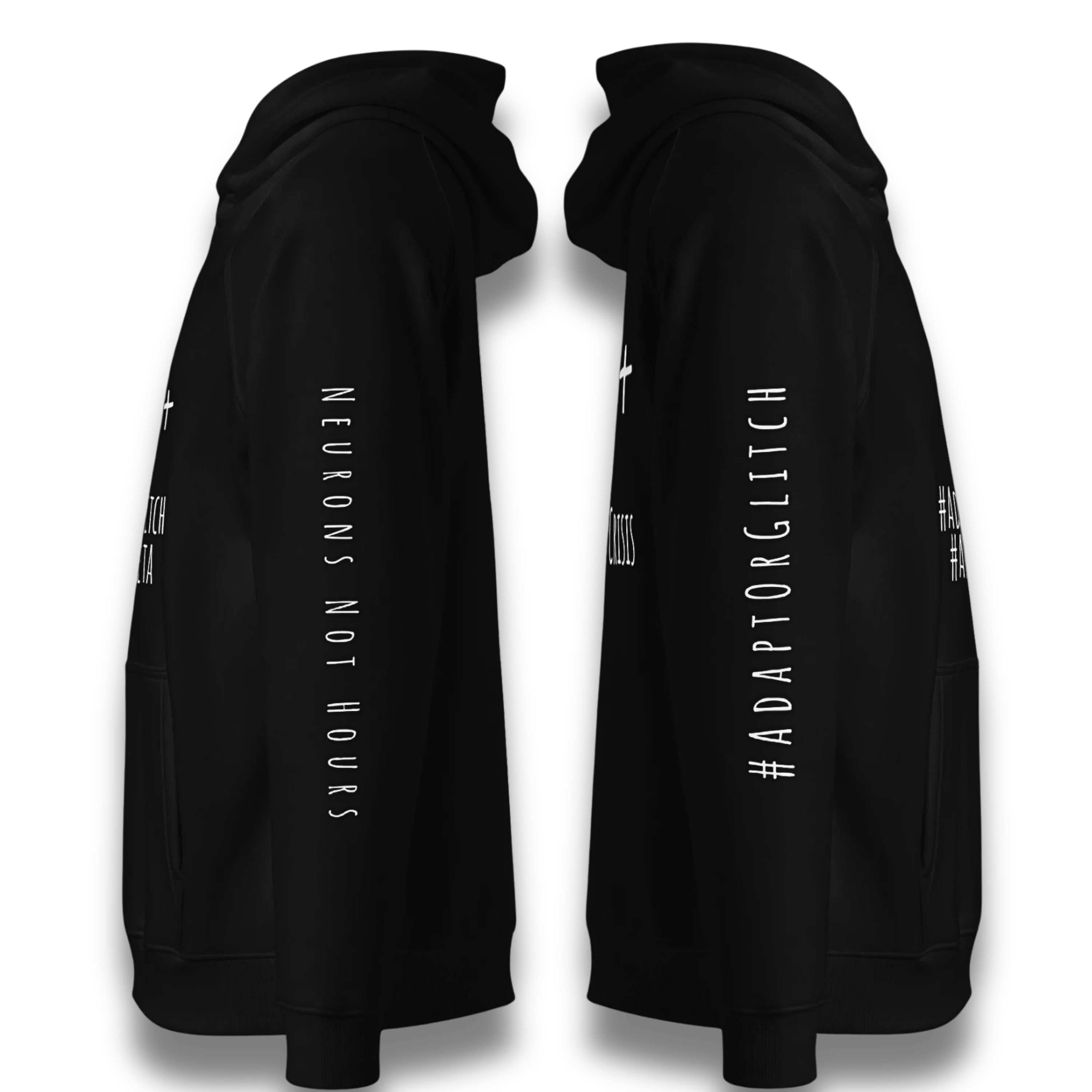 sleeves side of black raglan Hoodie by ctrlexist- white text Neurones not hours