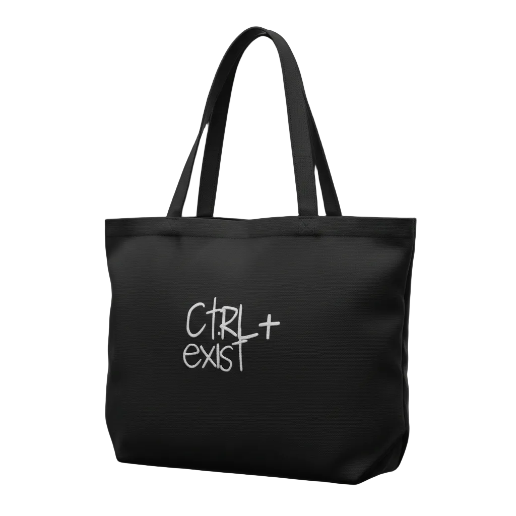 Black tote bag with 'Ctrl+Exist' text on a BLACK background