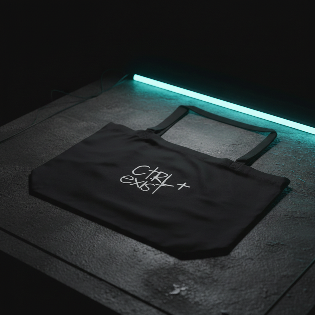 Black tote bag with 'Ctrl+Exist' text on a black background