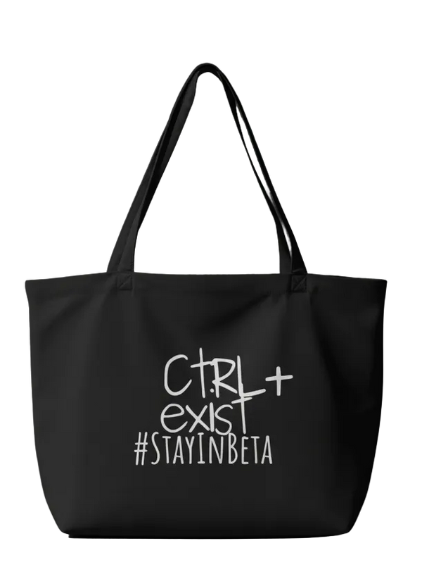 Black tote bag with white text on a dark background