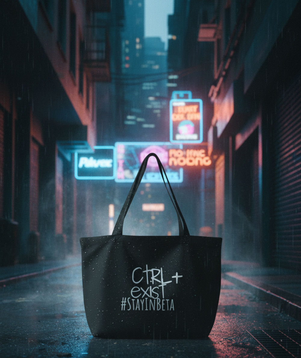 Black tote bag with white text on a black background on neon dark street
