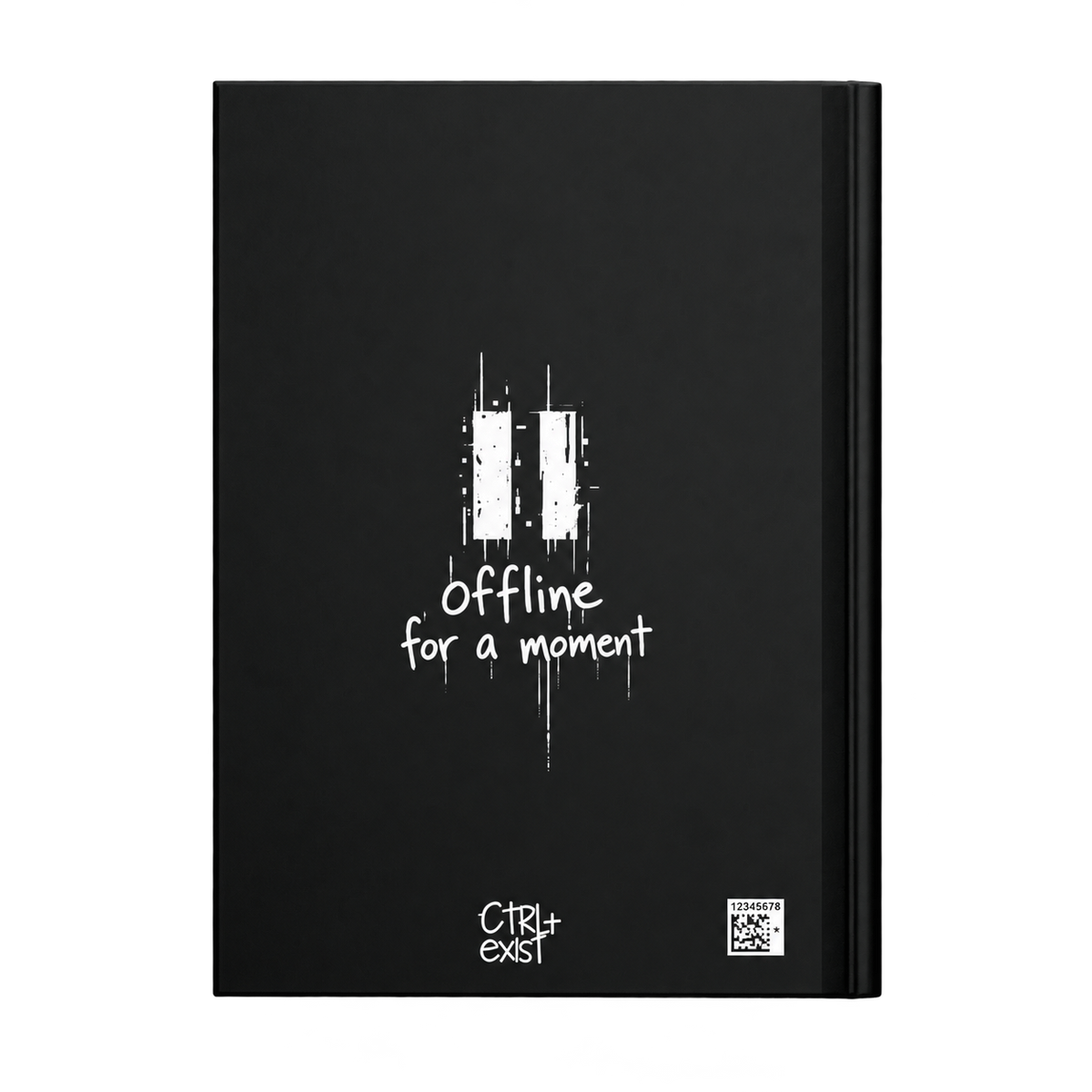 A black hardcover notebook with a white graphic of two vertical bars and the text 'offline for a moment' on the front cover, with 'CITY+ exist' branding at the bottom.