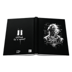 A black binder or notebook cover shown open against a white background, with white graphic text and a stylized face print on both pages. The visible text reads 'Offline for a moment' and 'Girl, exist' with smaller 'Offline for a moment' text.