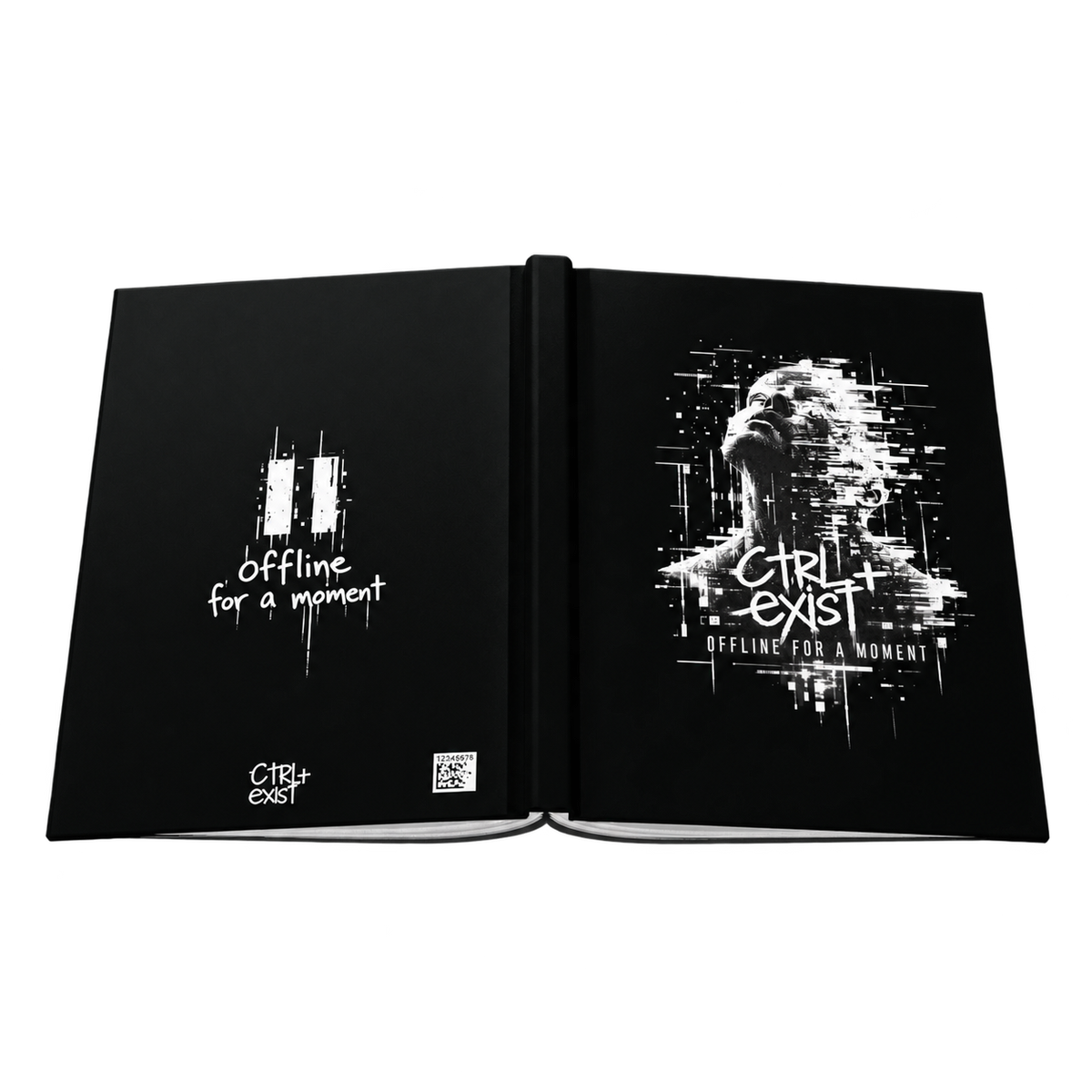 A black binder or notebook cover shown open against a white background, with white graphic text and a stylized face print on both pages. The visible text reads 'Offline for a moment' and 'Girl, exist' with smaller 'Offline for a moment' text.