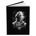 A black hardcover notebook or journal standing upright on a white background, featuring a white glitch-art graphic of a face and the text 'CTRL EXIST' and 'OFFLINE FOR A MOMENT' on the front cover.