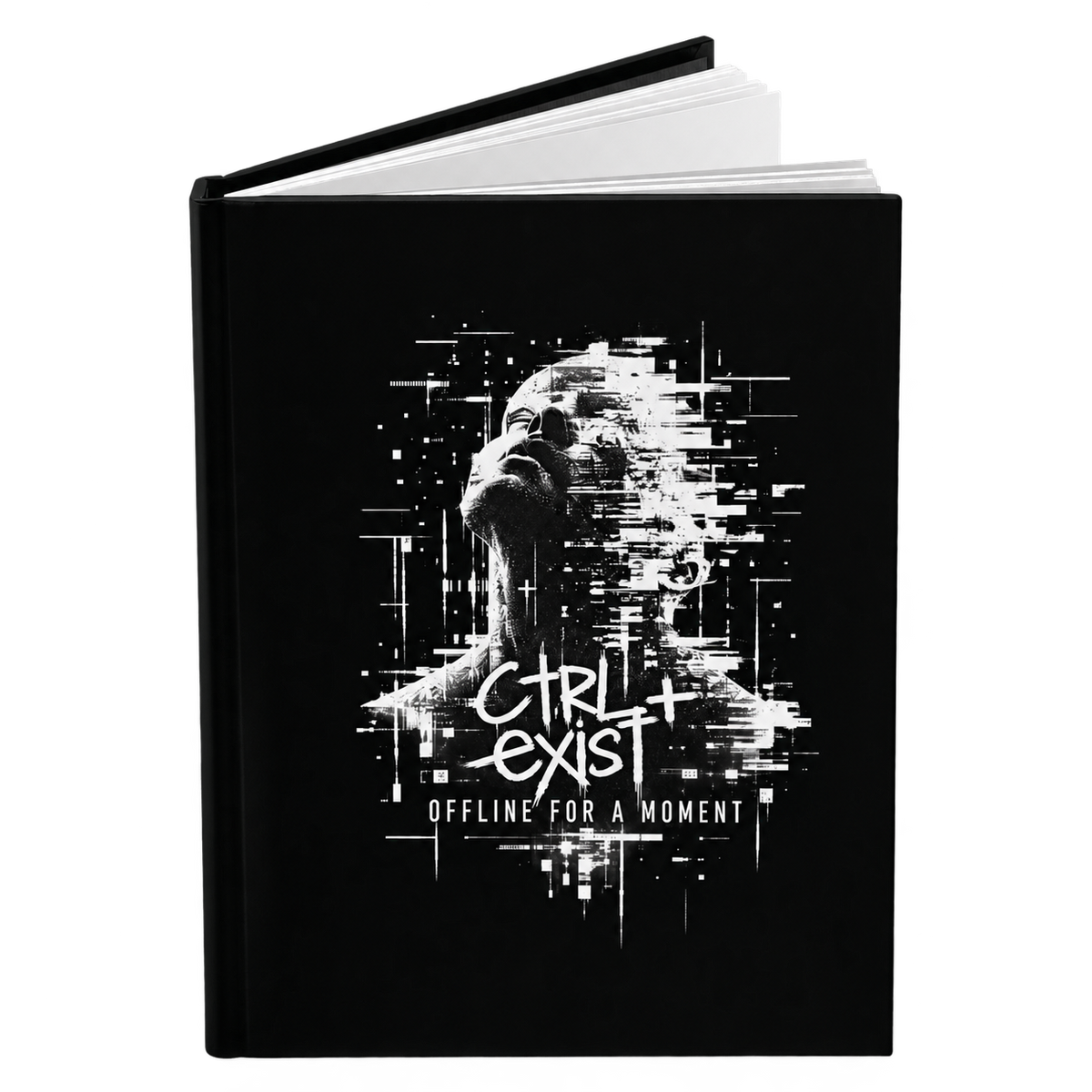 A black hardcover notebook or journal standing upright on a white background, featuring a white glitch-art graphic of a face and the text 'CTRL EXIST' and 'OFFLINE FOR A MOMENT' on the front cover.