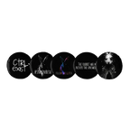 CTRLexist set of five 58 mm button pins featuring glitch rabbit artwork, dark cyberpunk graphics, and monochrome designs.