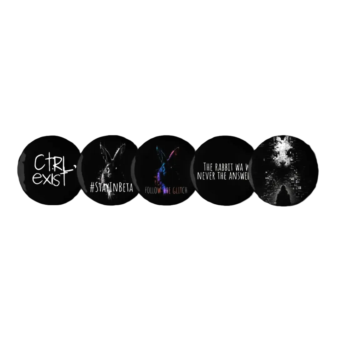CTRLexist set of five 58 mm button pins featuring glitch rabbit artwork, dark cyberpunk graphics, and monochrome designs.