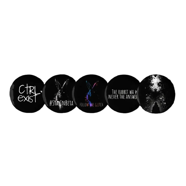 CTRLexist set of five 58 mm button pins featuring glitch rabbit artwork, dark cyberpunk graphics, and monochrome designs.