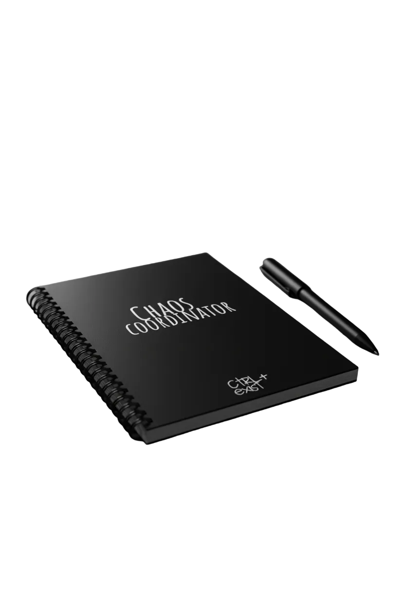 Notebook titled 'Chaos Coordinator' with a pen on a dark surface, illuminated by colorful lights in the background.
