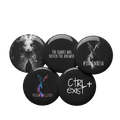Set of five round black buttons with white text and graphics on a white background