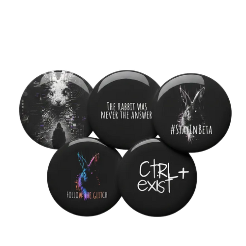 Set of five round black buttons with white text and graphics on a white background