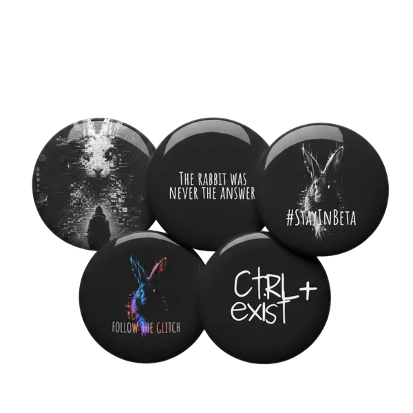 Set of five round black buttons with white text and graphics on a white background