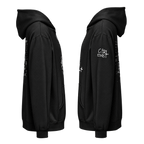 Black pullover hoodie shown from the front and back on a plain white background. The front view shows a hood and side pockets, while the back view shows a white graphic text print reading 'Girl, exist' on the upper sleeve.