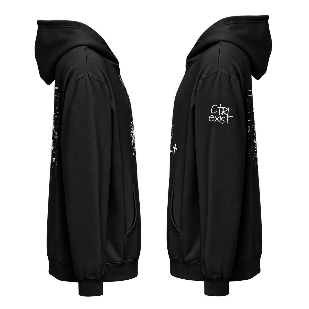 Black pullover hoodie shown from the front and back on a plain white background. The front view shows a hood and side pockets, while the back view shows a white graphic text print reading 'Girl, exist' on the upper sleeve.
