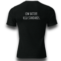 Black tri-blend t-shirt with a minimalist text design. Front reads “TOO AWARE TO ENGAGE.” and back reads “LOW BATTERY. HIGH STANDARDS.”