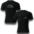 Black tri-blend t-shirt with a minimalist text design. Front reads “TOO AWARE TO ENGAGE.” and back reads “LOW BATTERY. HIGH STANDARDS.”
