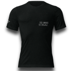 Black tri-blend t-shirt with a minimalist text design. Front reads “TOO AWARE TO ENGAGE.” and back reads “LOW BATTERY. HIGH STANDARDS.”