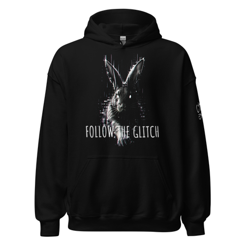Black hoodie with a graphic of a rabbit and text 'Follow the Glitch' ctrlexist
