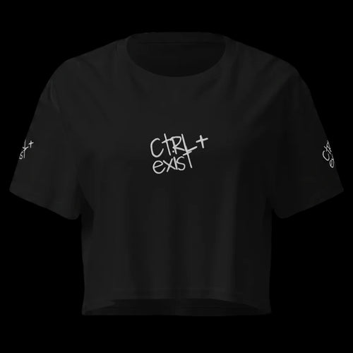black crop top for woman with ctrlexist white logo on the front and sleeves